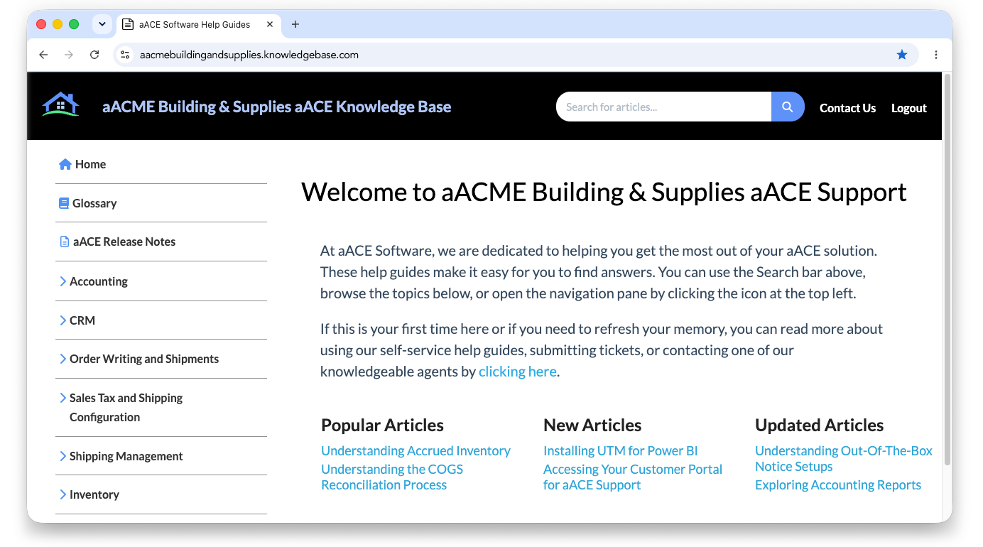 Example of a branded aACE ERP knowledge base homepage.