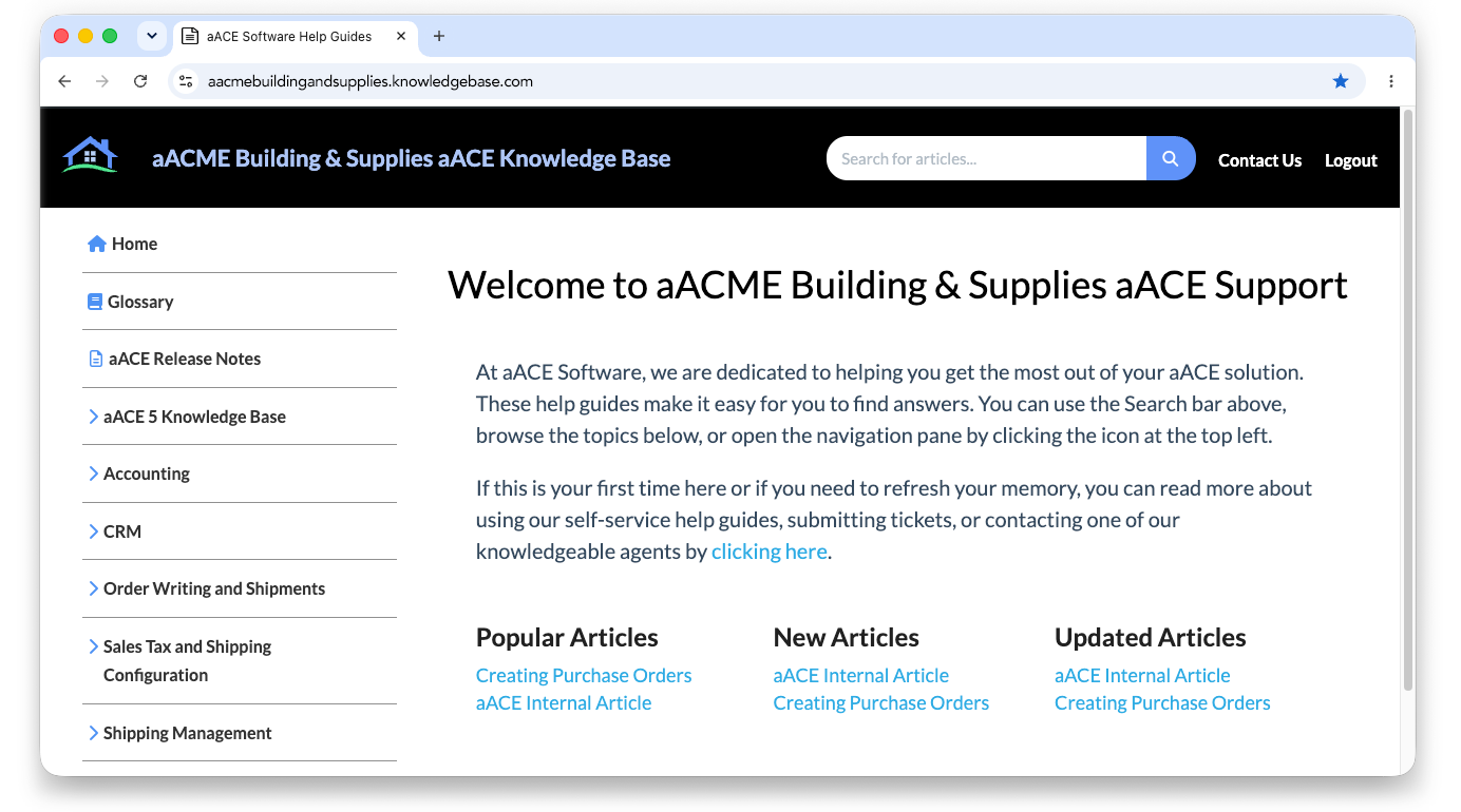 Example of a branded aACE ERP knowledge base homepage.